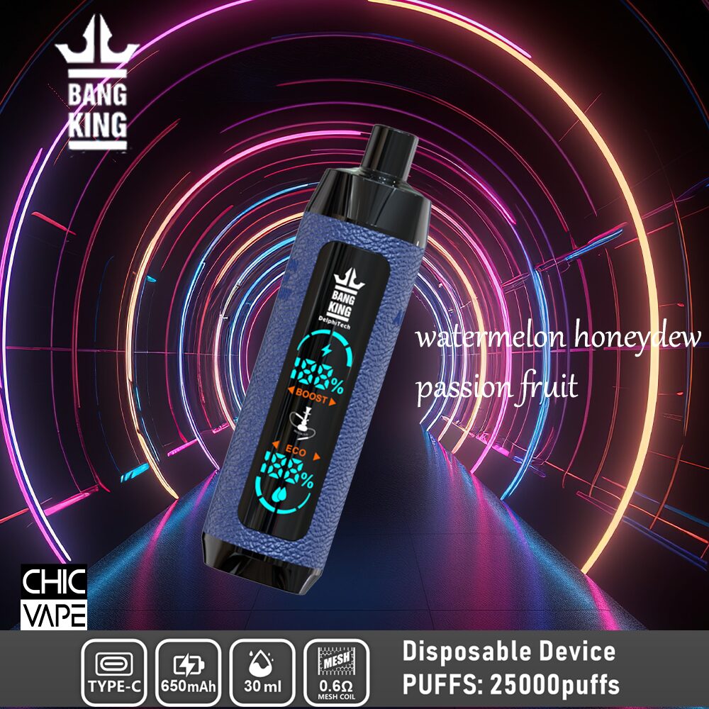 Bang King disposable vape device with a blue textured body, digital display, and 650mAh battery, featuring a watermelon, honeydew, and passion fruit flavor, offering 25,000 puffs and 30ml e-liquid capacity.
