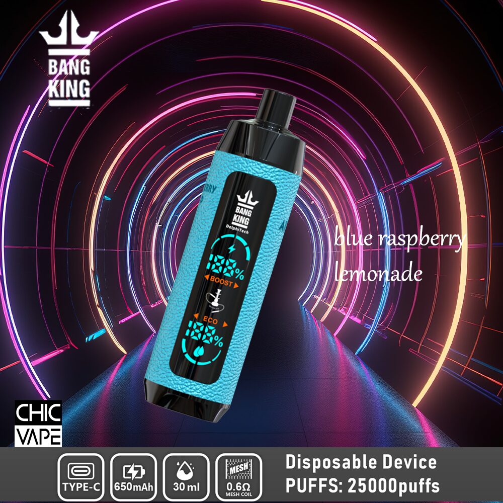 Blue disposable vape device with textured surface labeled "Bang King" and "blue raspberry lemonade" flavor. Device has a 650mAh battery, 30ml capacity, and is advertised to provide 25,000 puffs. Display features "boost" and "eco" modes.