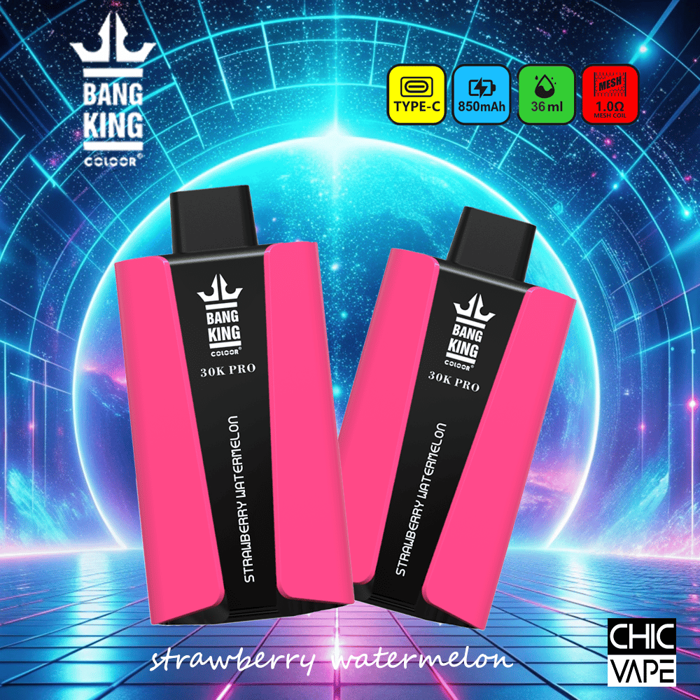 Due dispositivi di svapo Bang King 30K Pro rosa al gusto di anguria e fragola, con ricarica Type-C, batteria da 850 mAh, capacità di 36 ml e bobina da 1,0Ω.