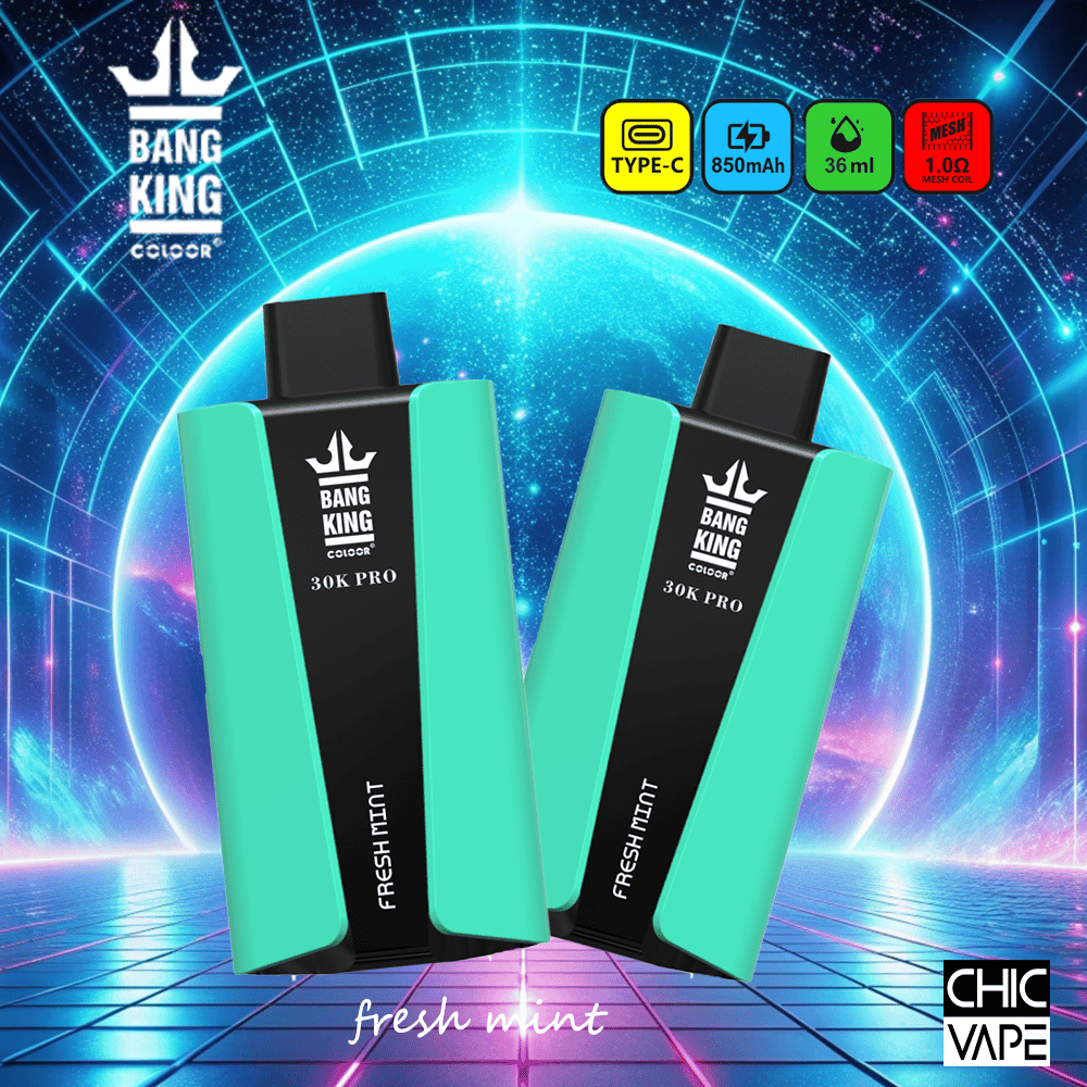 Due dispositivi di svapo Bang King 30K Pro di colore verde e nero con aroma "Fresh Mint", esposti su uno sfondo digitale futuristico illuminato al neon.