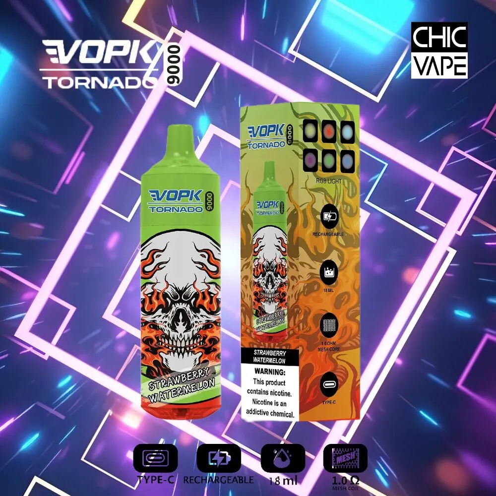 Vape product packaging displaying a green and orange vape device with a skull and flames design, labeled "VOPK Tornado 9000" in "Strawberry Watermelon" flavor. The packaging highlights features such as Type-C charging, 18ml capacity, and RGB light.