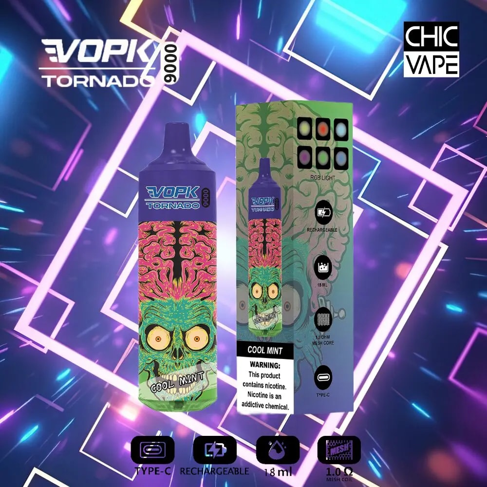 Vape device packaging featuring a skull with exposed brain design, labeled "VOPK Tornado 9000 Cool Mint," with details about RGB lights, rechargeability, 18ml capacity, and 1.0-ohm mesh coil.