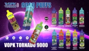 VOPK Tornado 9000 vape devices displayed in various flavors with colorful, edgy designs featuring skulls and brains. The device offers 9000 puffs, is rechargeable via Type-C, and includes power and oil indicators.