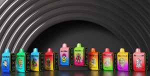 A colorful display of 10 GazzBar vape devices, each featuring unique artwork and flavor labels such as "Blue Razz Ice" and "Sour Apple Ice," arranged against a dark, curved background.