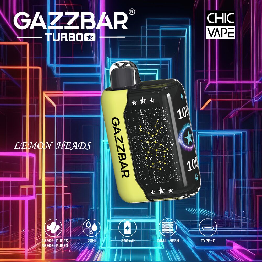 A Gazzbar Turbo vape device with "Lemon Heads" flavor, featuring a black and yellow design with star graphics, and specifications like 15,000 puffs, 28mL capacity, 800mAh battery, dual mesh coil, and Type-C charging port.