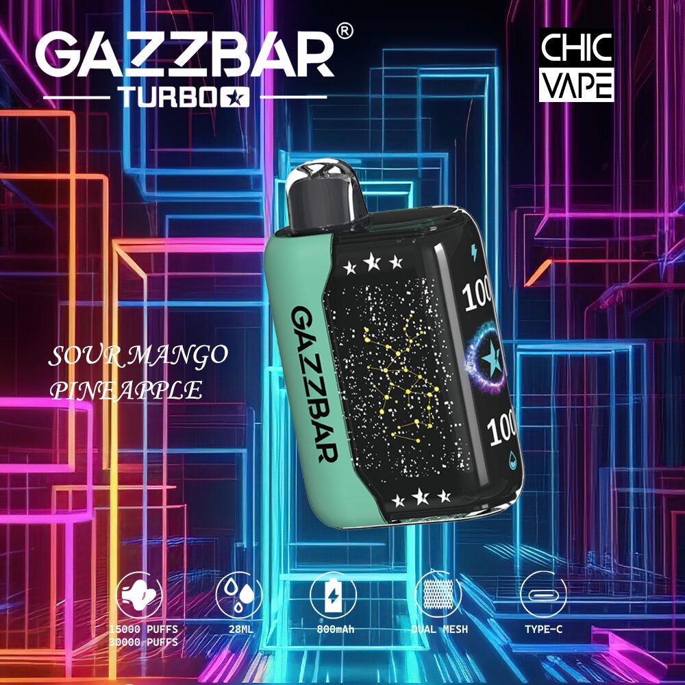 A GAZZBAR Turbo vape in sour mango pineapple flavor with 15,000 to 30,000 puffs, 28mL capacity, 800mAh battery, dual mesh coil, and USB Type-C charging against a neon geometric background.