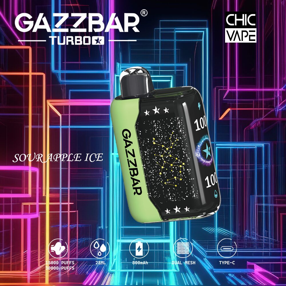GAZZBAR Turbo vape in Sour Apple Ice flavor, featuring a futuristic neon background, 15000-30000 puffs, 28ml capacity, 800mAh battery, dual mesh coil, and Type-C charging.