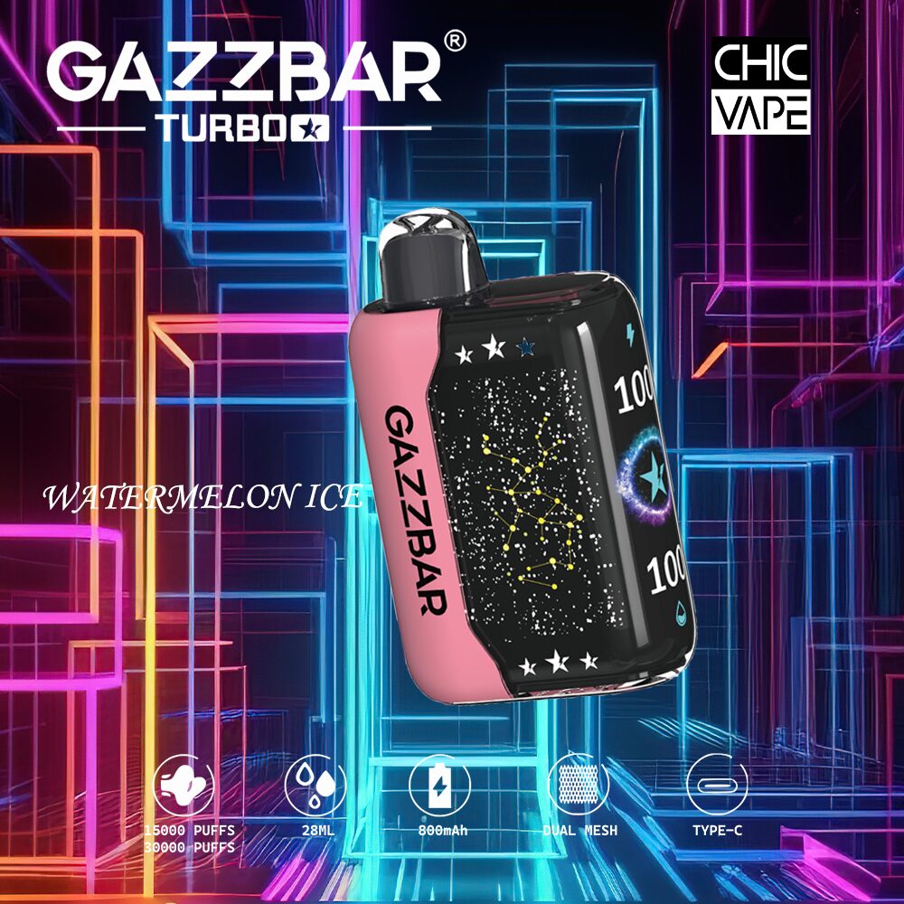 GAZZBAR Turbo vape device in watermelon ice flavor with neon background, featuring 15000-30000 puffs, 28ml e-liquid, 800mAh battery, dual mesh coil, and Type-C charging.
