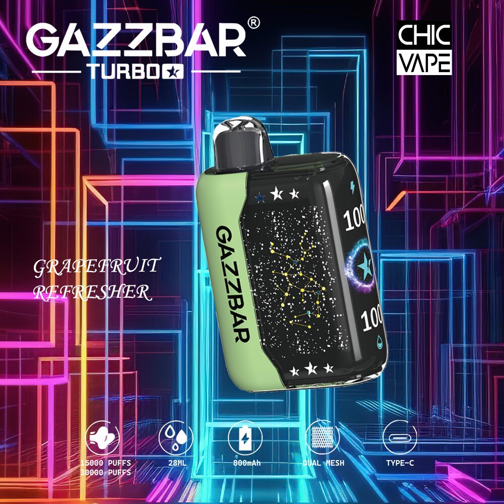 GAZZBAR Turbo vape device in "Grapefruit Refresher" flavor with 15,000 to 30,000 puffs, 28ml capacity, 800mAh battery, dual mesh, and USB-C charging, displayed in a futuristic neon setting.