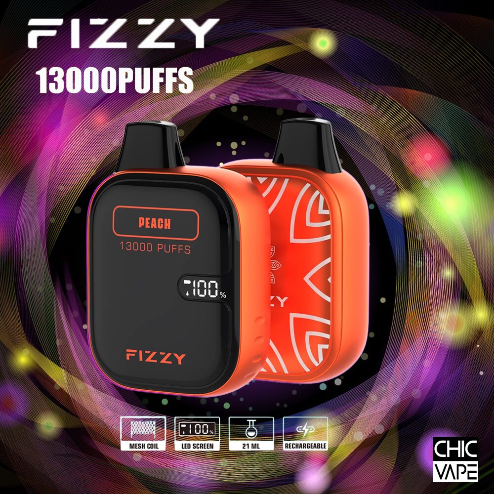 En uppladdningsbar engångsapparat märkt "Fizzy" med persikosmak, som ger 13 000 puffar, har en digital display, nätspole och 21 ml e-vätskekapacitet.