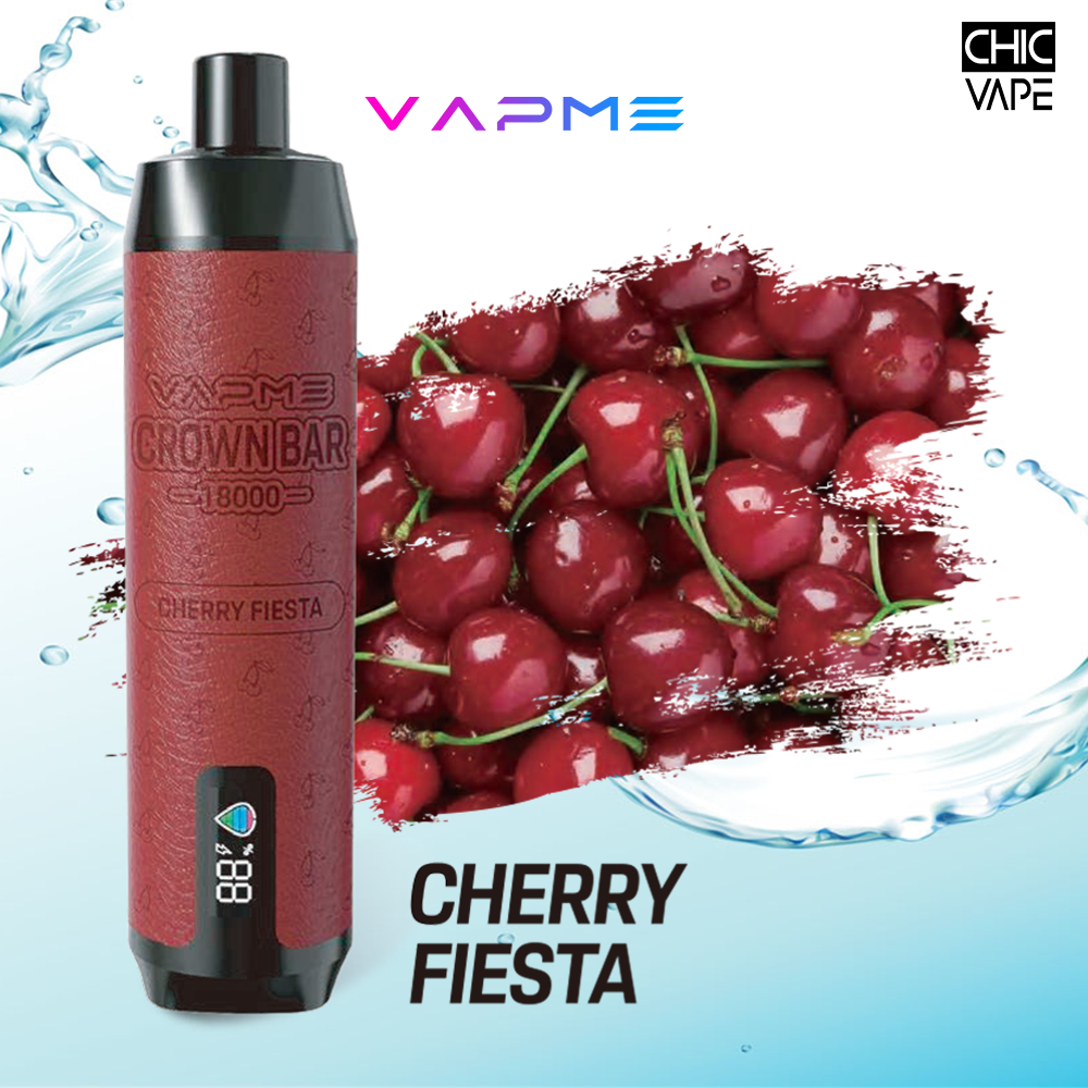 A red vape device labeled "Vapme Crown Bar 18000 Cherry Fiesta" is displayed next to a cluster of fresh cherries on a water-themed background.
