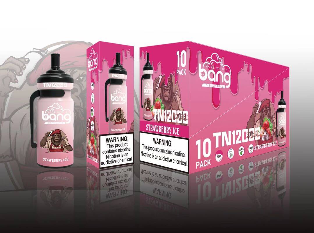 Packaging of Bang disposable vape devices featuring a pink "Strawberry Ice" design with a cartoon gorilla holding a strawberry and visible nicotine warning labels.