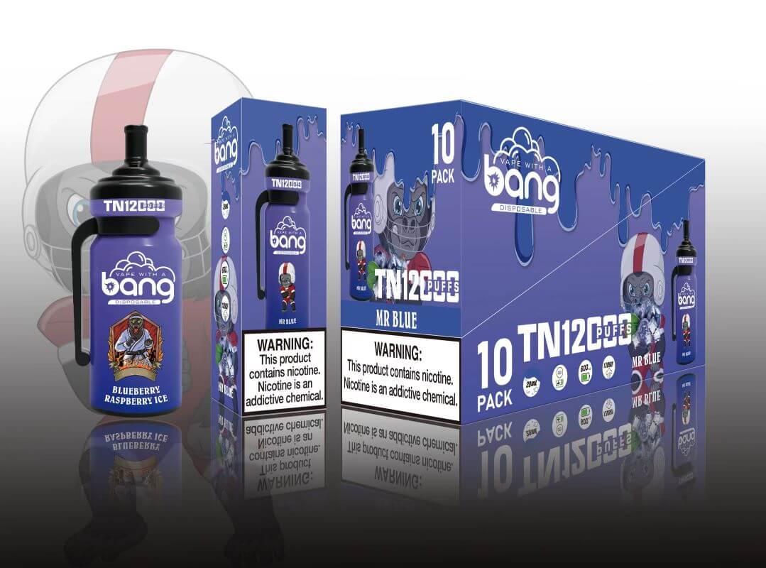A Bang Disposable vaping device and its packaging featuring a blue design with "TN12 Puffs," "Mr. Blue," and "Blueberry Raspberry Ice" branding, a cartoon character wearing a helmet, and a nicotine warning label at the bottom.