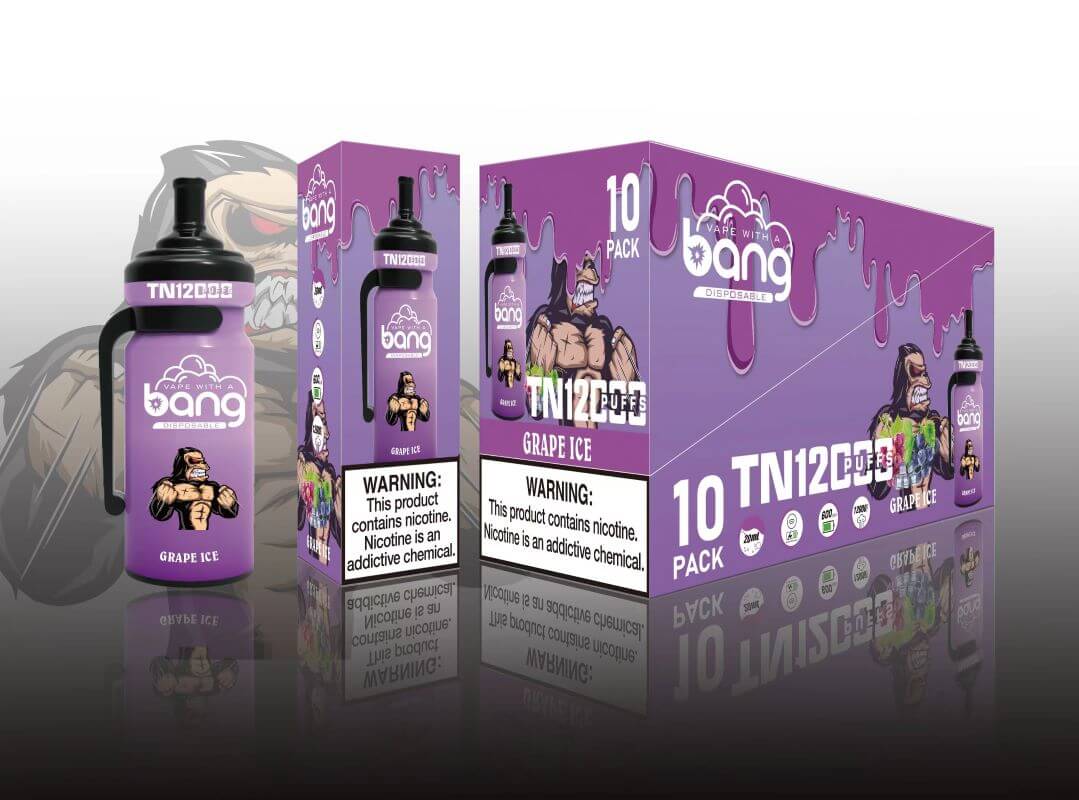 A disposable vape device and packaging for "Bang" in purple with "Grape Ice" flavor, featuring a muscular cartoon character, labeled with "TN12 Puffs" and nicotine warning.
