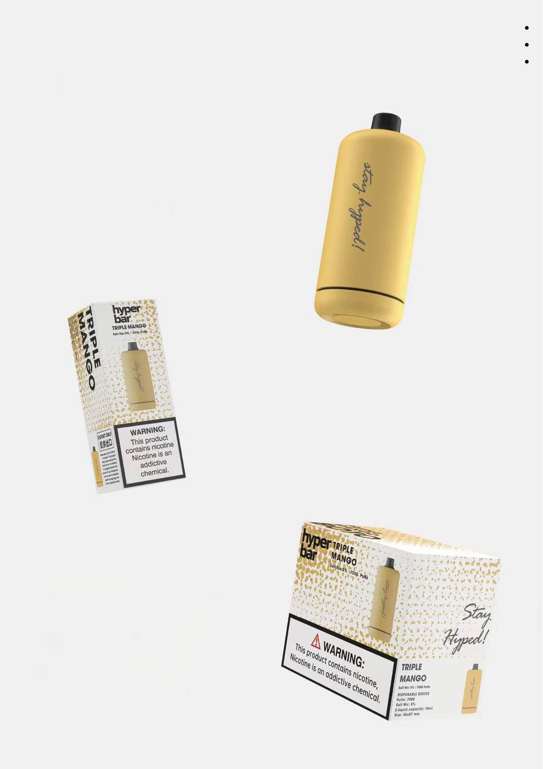 A yellow vape device labeled "Stay Hyped!" alongside its box, which reads "hyper bar TRIPLE MANGO" and includes a nicotine warning.