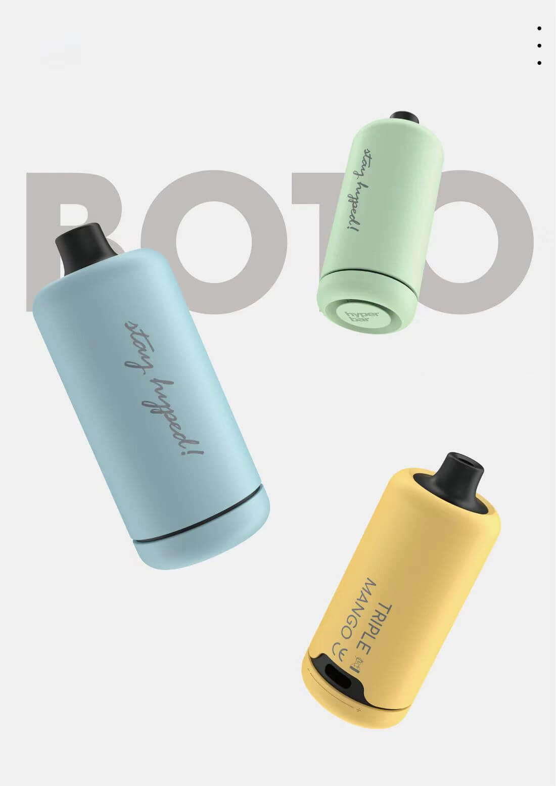 Colorful cylindrical vaping devices in pastel shades (blue, green, and yellow) with smooth finishes and black mouthpieces, featuring minimalistic branding and text like "stay hyped!" and "TRIPLE MANGO," displayed against a light gray background.
