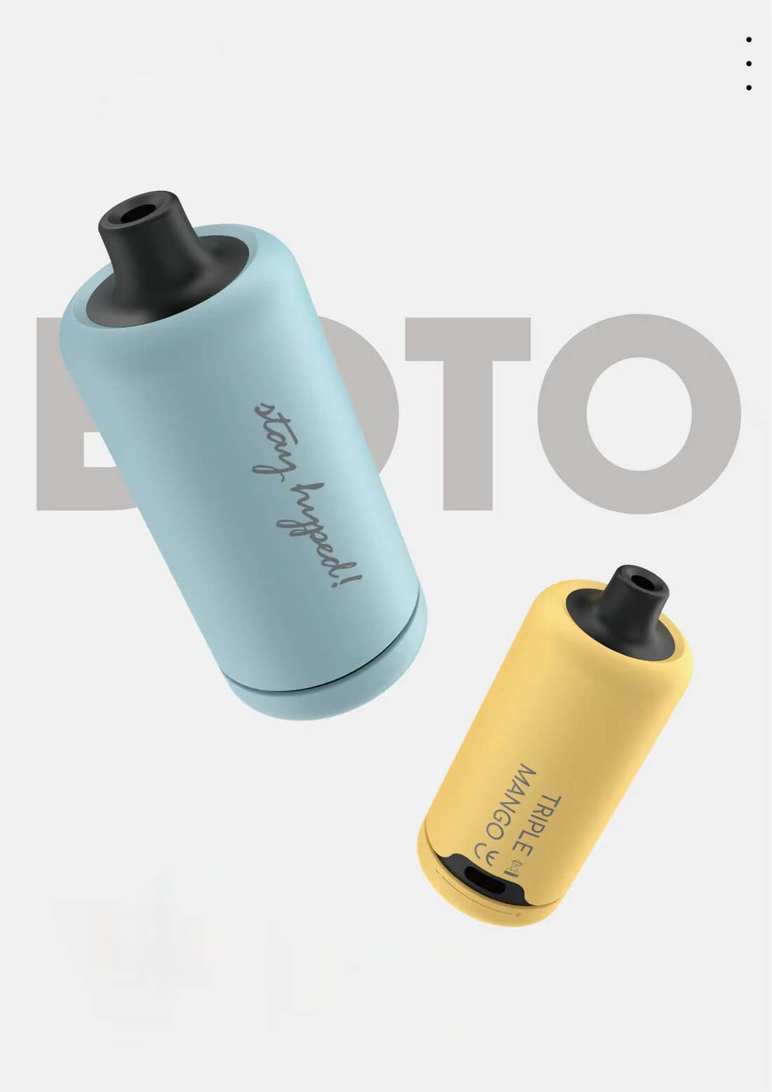 Two colorful cylindrical vape devices, one blue with "stay hyped!" text and one yellow labeled "Triple Mango," both featuring black mouthpieces, displayed on a minimalist background.