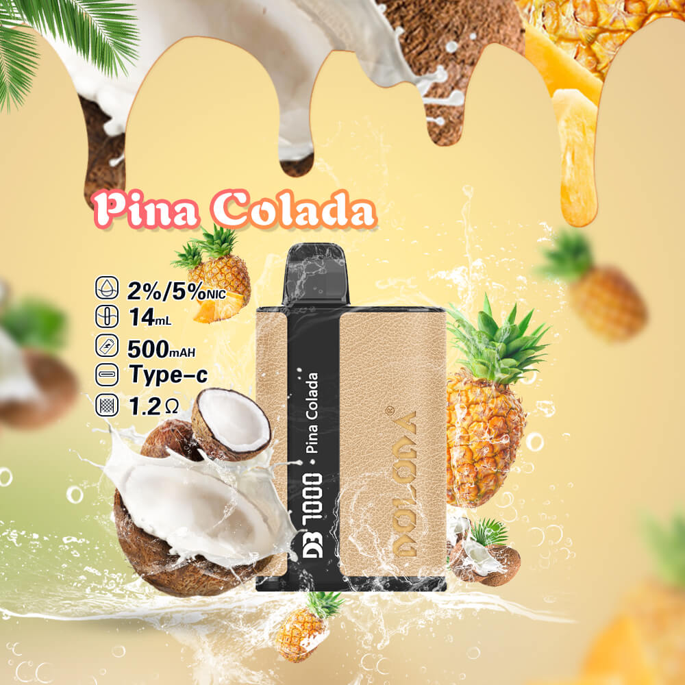 Promotional image for Doloda DR3000 disposable vape in Pina Colada flavor, featuring device specifications, pineapple, coconut imagery, and a beige leather-textured design.