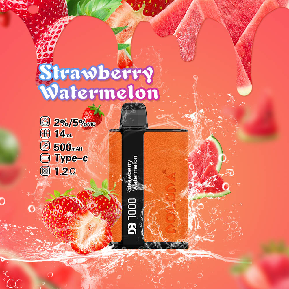 Orange D3 7000 disposable vape device with "Strawberry Watermelon" flavor, featuring 2%/5% nicotine, 14ml capacity, 500mAh battery, Type-C charging, and 1.2Ω resistance, surrounded by strawberries and watermelon slices on a pink background with splashing water effects.