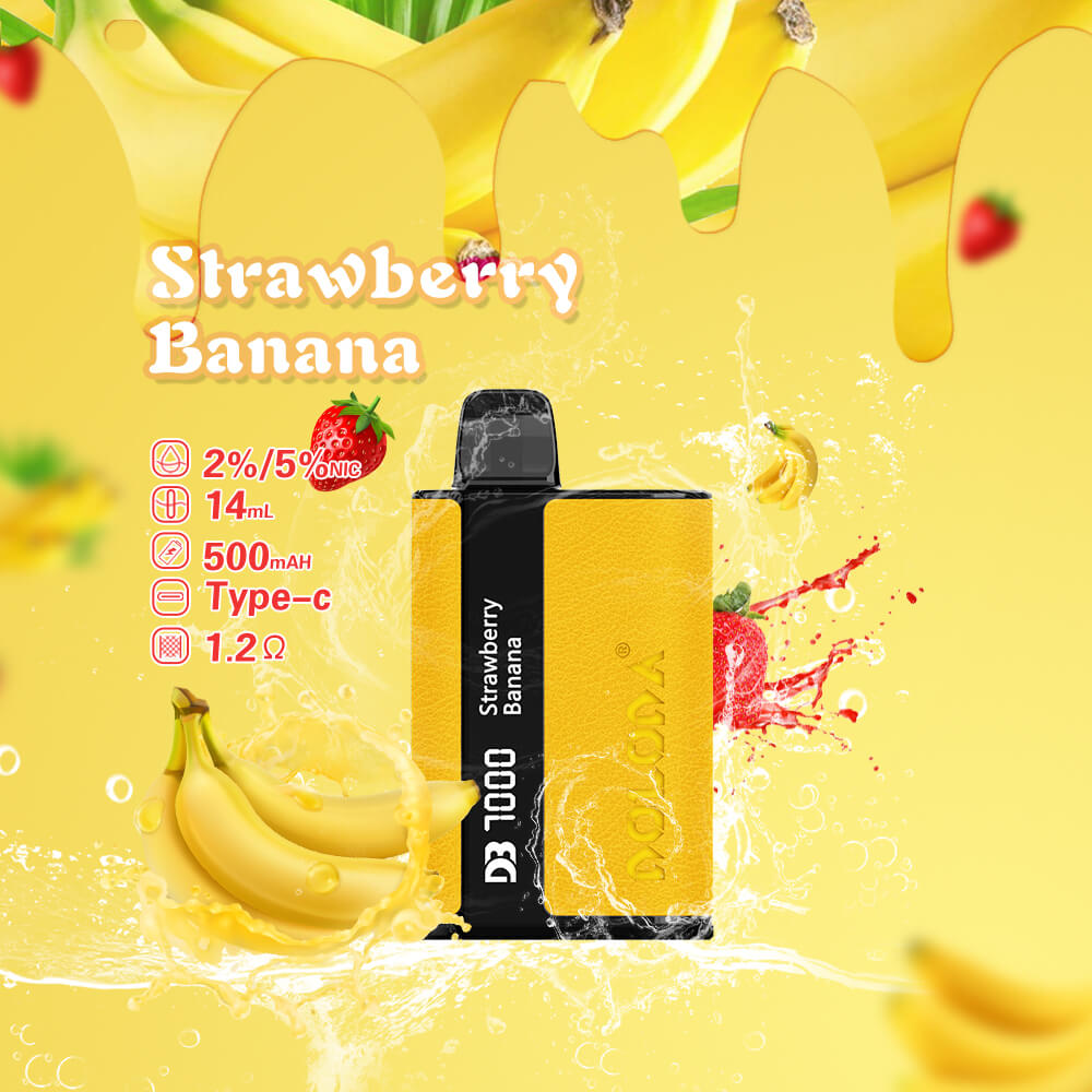Strawberry Banana vape device with a yellow design, featuring 2%/5% nicotine, 14mL capacity, 500mAh battery, Type-C charging, and 1.2Ω resistance, set against a background of strawberries, bananas, and splashing liquid.