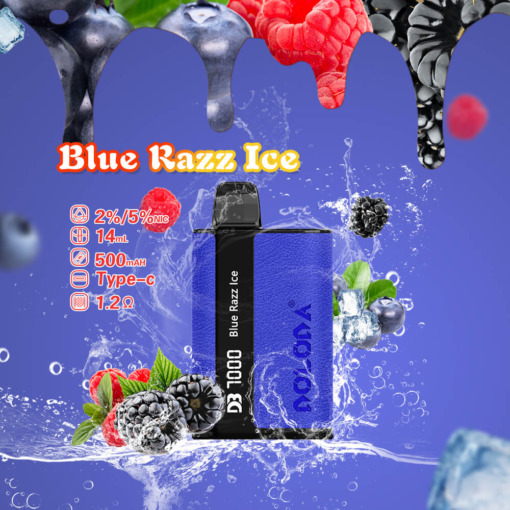 Blue Razz Ice vape device with a blue textured finish, featuring specifications: 2%/5% nicotine, 14mL capacity, 500mAh battery, Type-C charging, and 1.2Ω resistance, surrounded by icy berries and splashes of water.