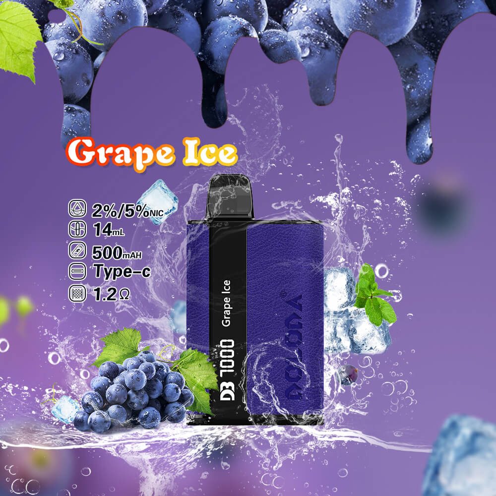 A purple vape device labeled "Grape Ice" with 500mAh battery, 14mL capacity, Type-C charging, surrounded by splashing water, ice cubes, and grapes on a purple background.