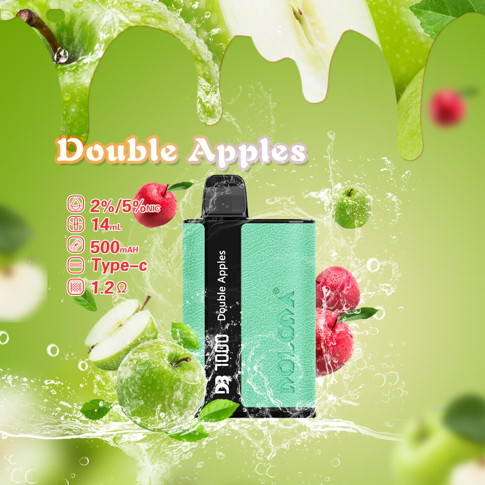 Promotional image for a Double Apples vape, featuring a green and red apple theme, product specifications including nicotine percentage, 14ml capacity, 500mAh battery, Type-C charging, and 1.2Ω resistance.