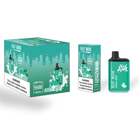 A teal-colored ELF BOX vape product featuring "5500 puffs" with sweet mint flavor packaging, including a box, individual carton, and vape device.