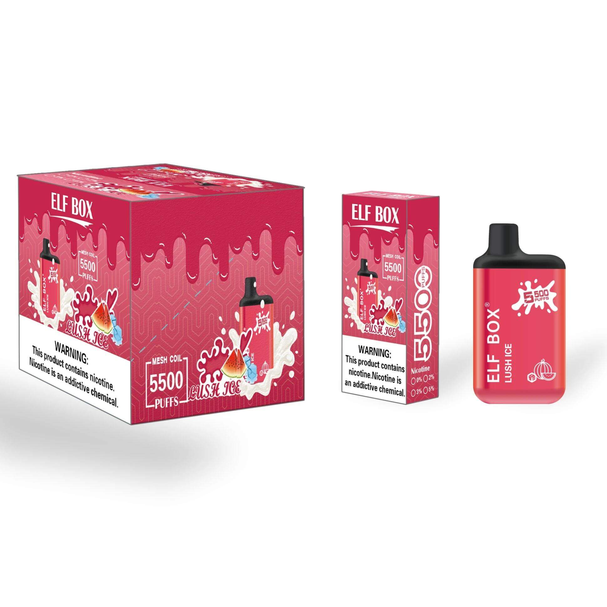 Packaging of ELF BOX disposable vape devices featuring a red "Lush Ice" design with "5500 Puffs," "Mesh Coil," and nicotine warning labels prominently displayed.