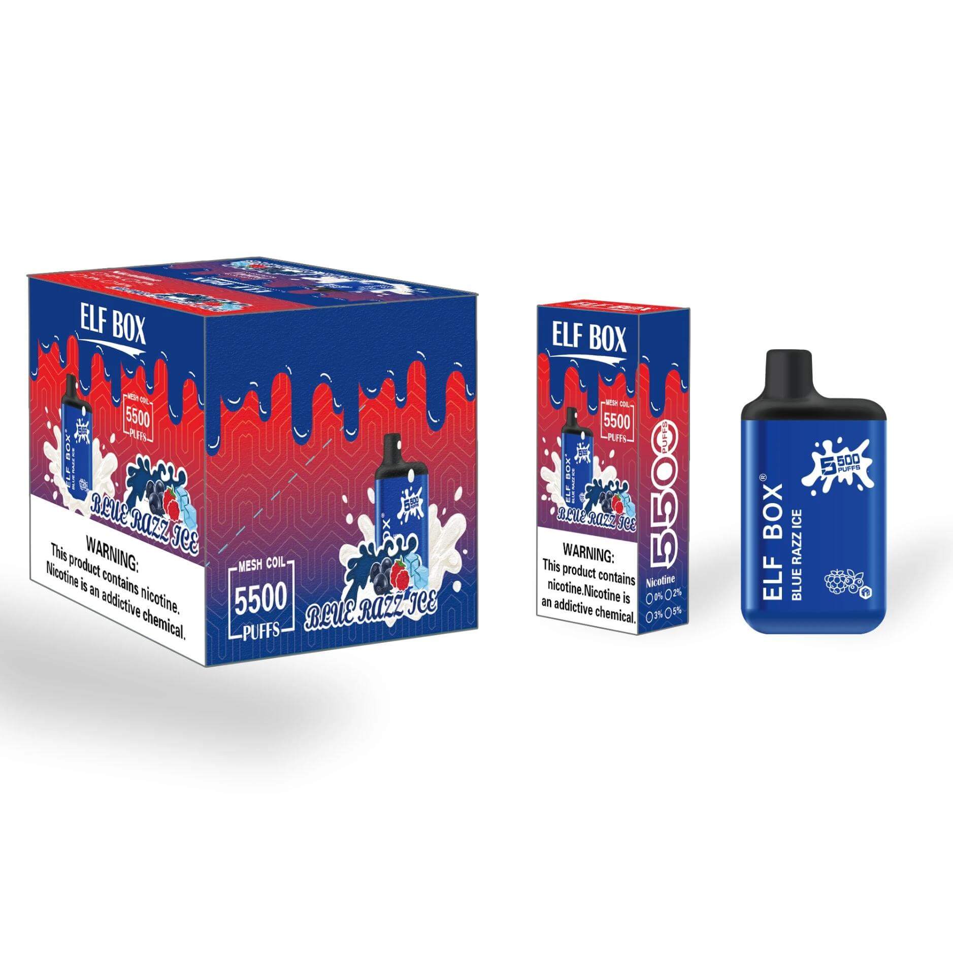 Elf Box vape device and packaging featuring a blue and red design, product details, and a nicotine warning label with Blue Razz Ice flavor indication.