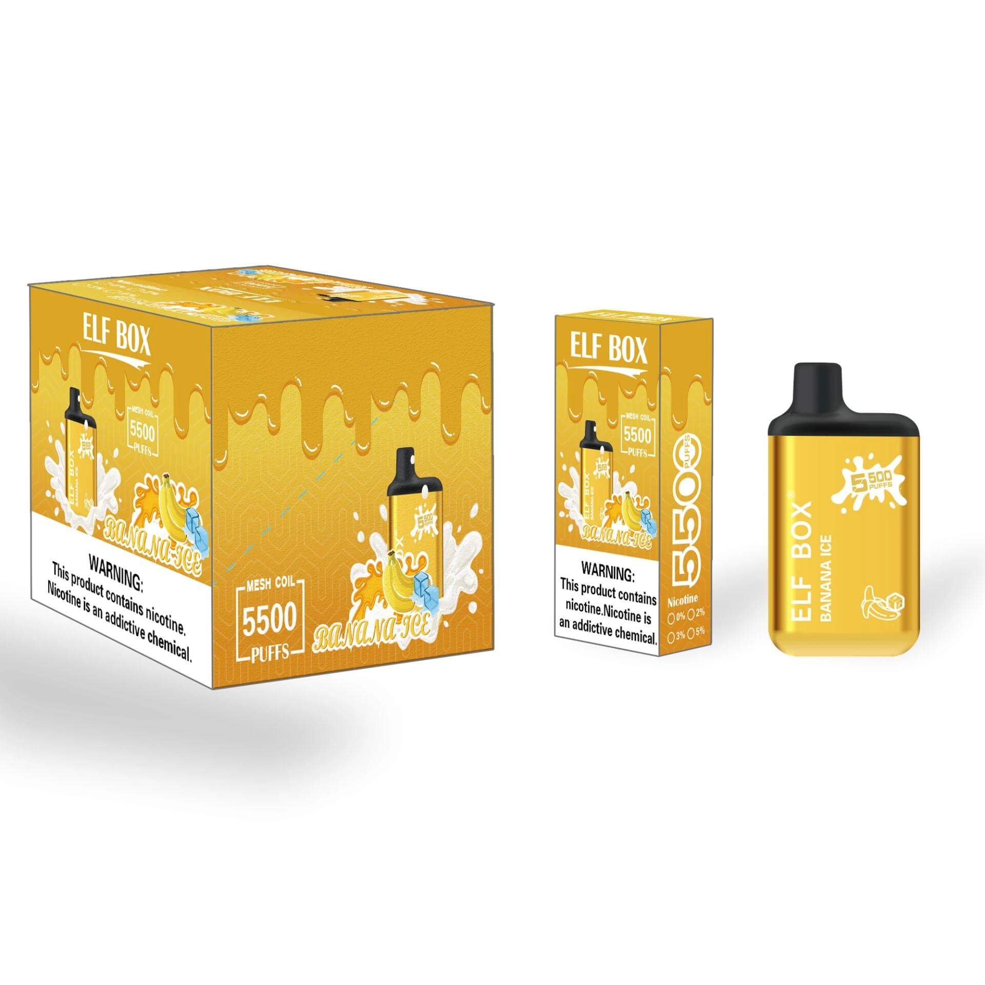 Yellow Elf Box vaping device with "Banana Ice" flavor branding, mesh coil design, "5500 puffs" text, and nicotine warning label on packaging.