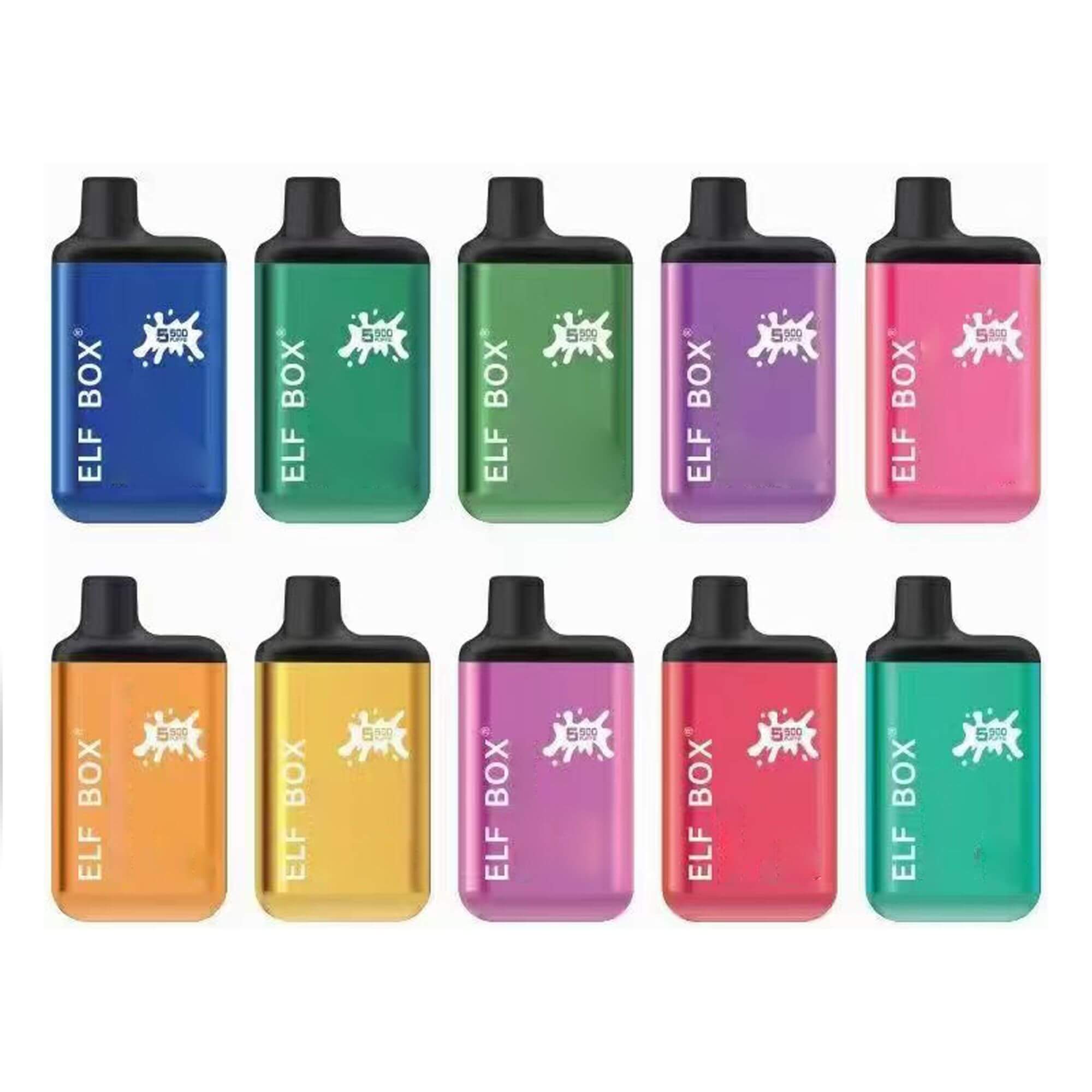 A collection of colorful ELF BOX disposable vape devices arranged in rows, featuring various colors and "5500" branding on the front.