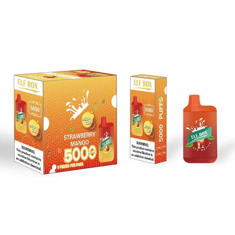 Packaging design for Elf Box disposable vape in Strawberry Mango flavor, featuring an orange device, product warnings, and details on 5000 puffs and mesh coil technology.