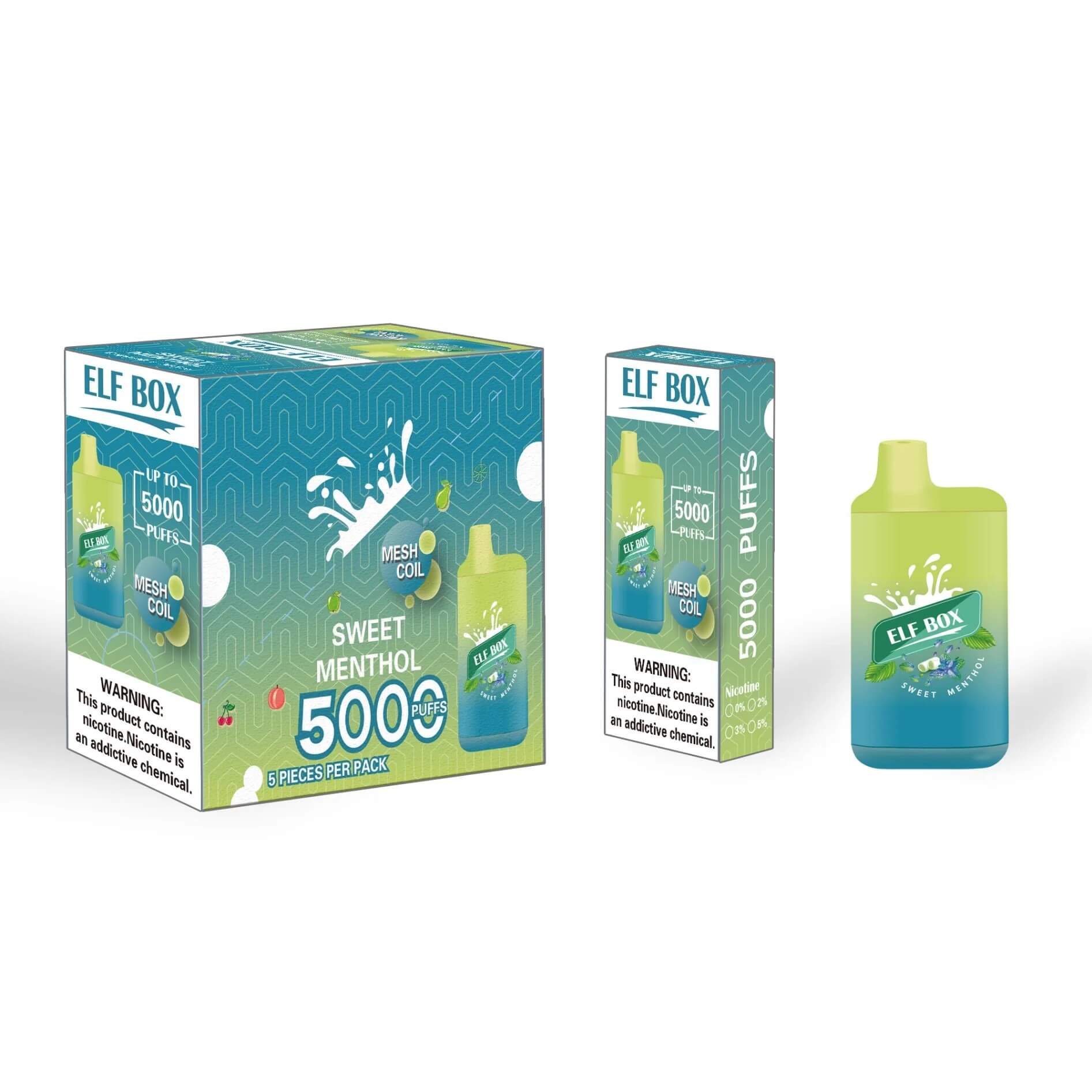 Packaging and disposable vape device for "Elf Box" in green and blue, featuring "Sweet Menthol" flavor, labeled with "5000 Puffs" and a nicotine warning.
