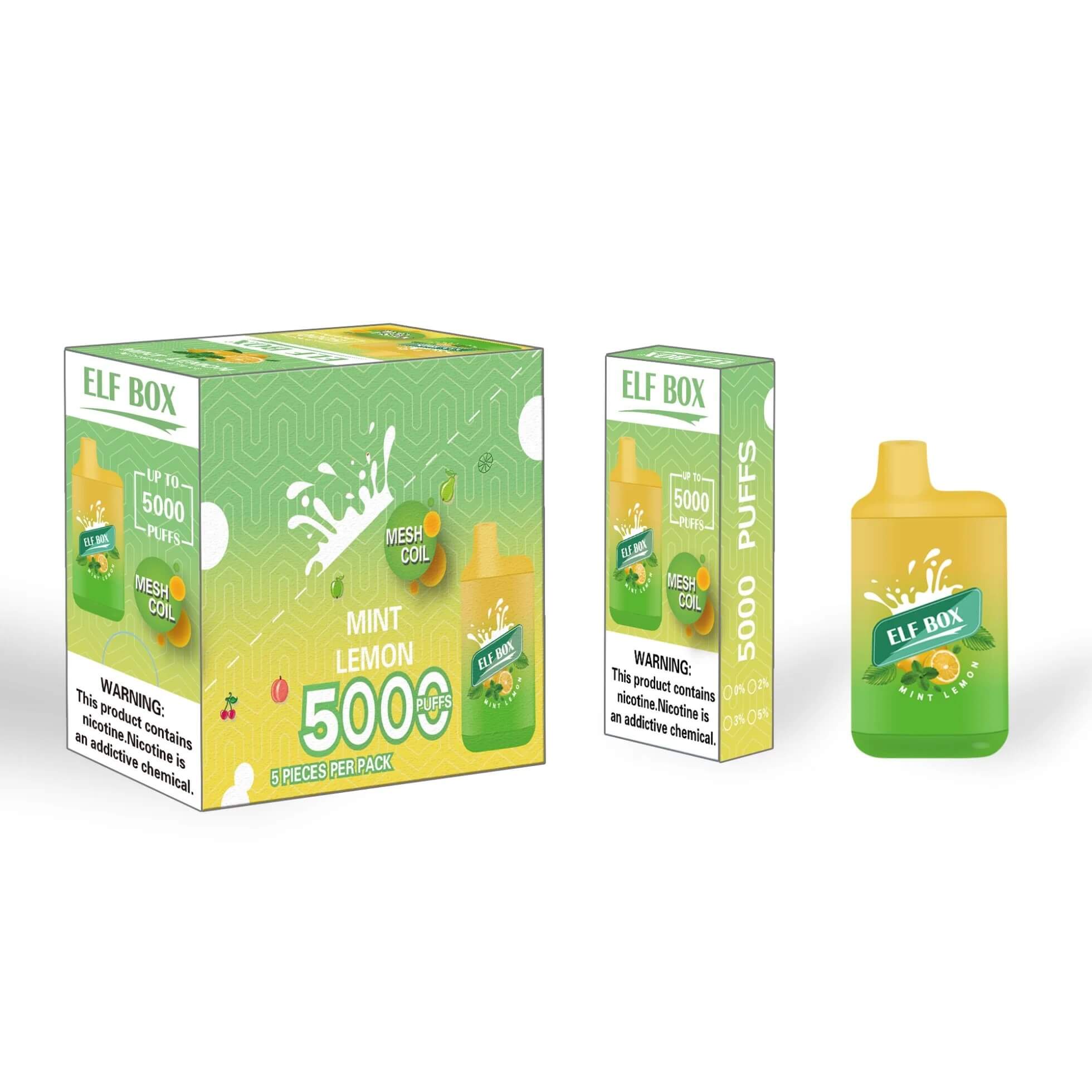 Packaging of ELF BOX disposable vape devices featuring a green and yellow "Mint Lemon" design with "5000 Puffs," "Mesh Coil," and nicotine warning labels prominently displayed.