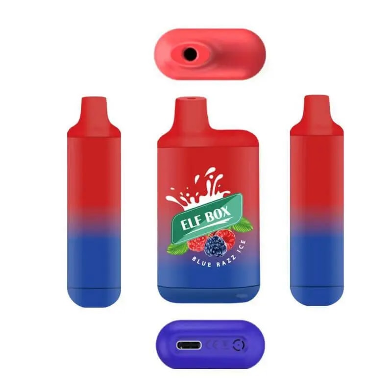 Red and blue gradient "Elf Box" vaping device labeled "Blue Razz Ice," displayed from multiple angles, with close-ups of the mouthpiece and charging port.