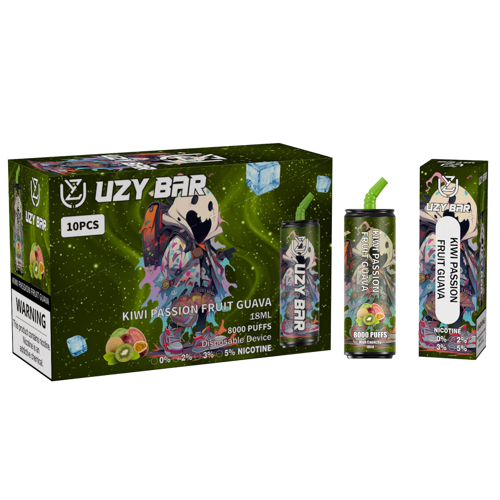 Image of UZY BAR disposable vape devices and packaging featuring "Kiwi Passion Fruit Guava" flavor, 18ml capacity, 8000 puffs, and nicotine options ranging from 0% to 5%, with a vibrant green design and product warnings.