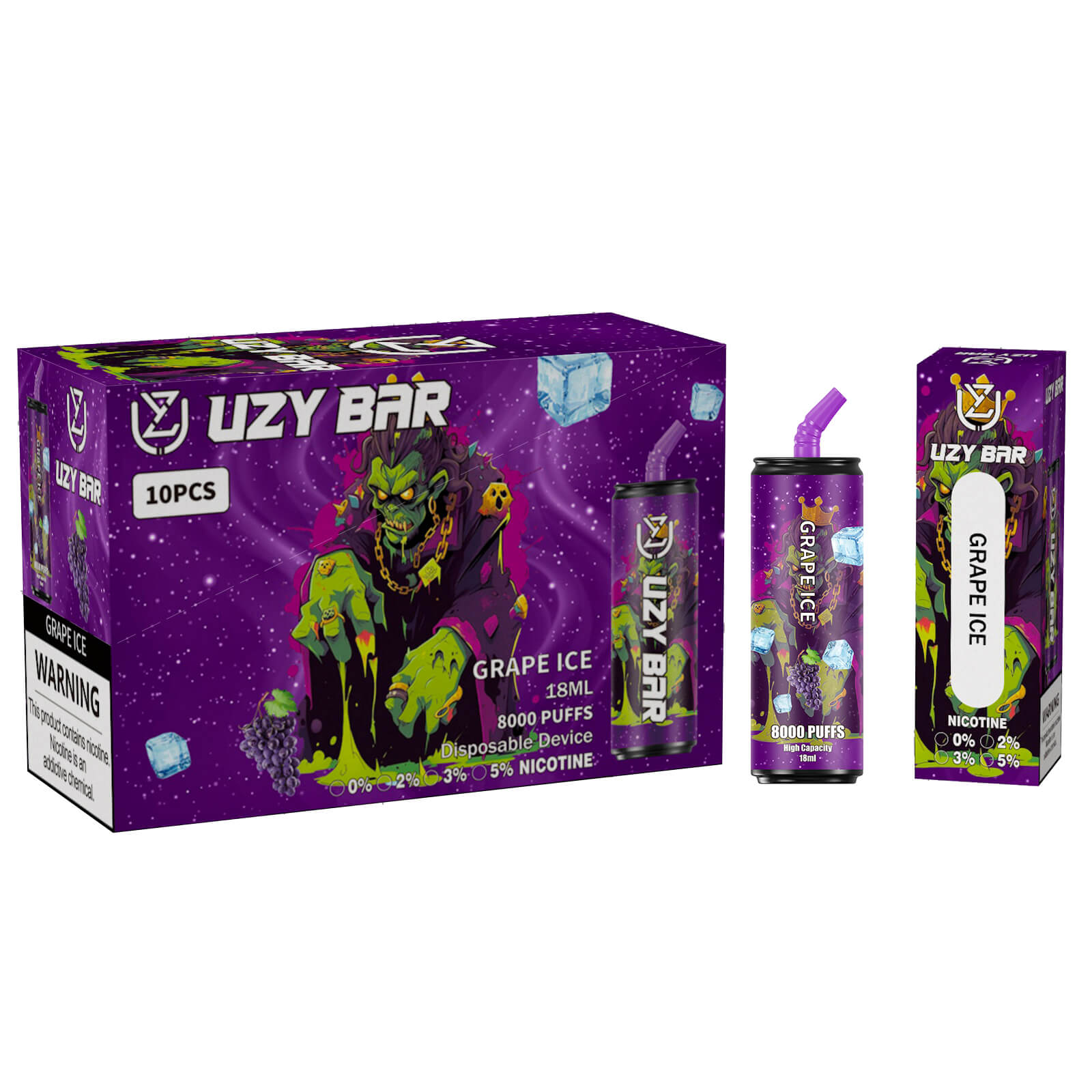 Packaging and device of the Uzy Bar Grape Ice disposable vape, featuring a purple and green design with a monster illustration, 8000 puffs, 18ml capacity, nicotine options, and a warning label.