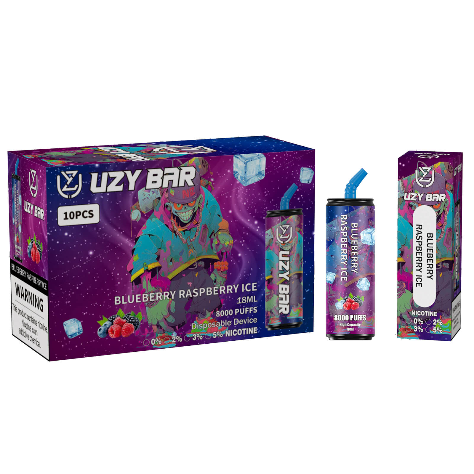 Packaging and a disposable vaping device labeled "Uzy Bar Blueberry Raspberry Ice" with 8000 puffs and nicotine options displayed, featuring colorful graphics and ice cube visuals.