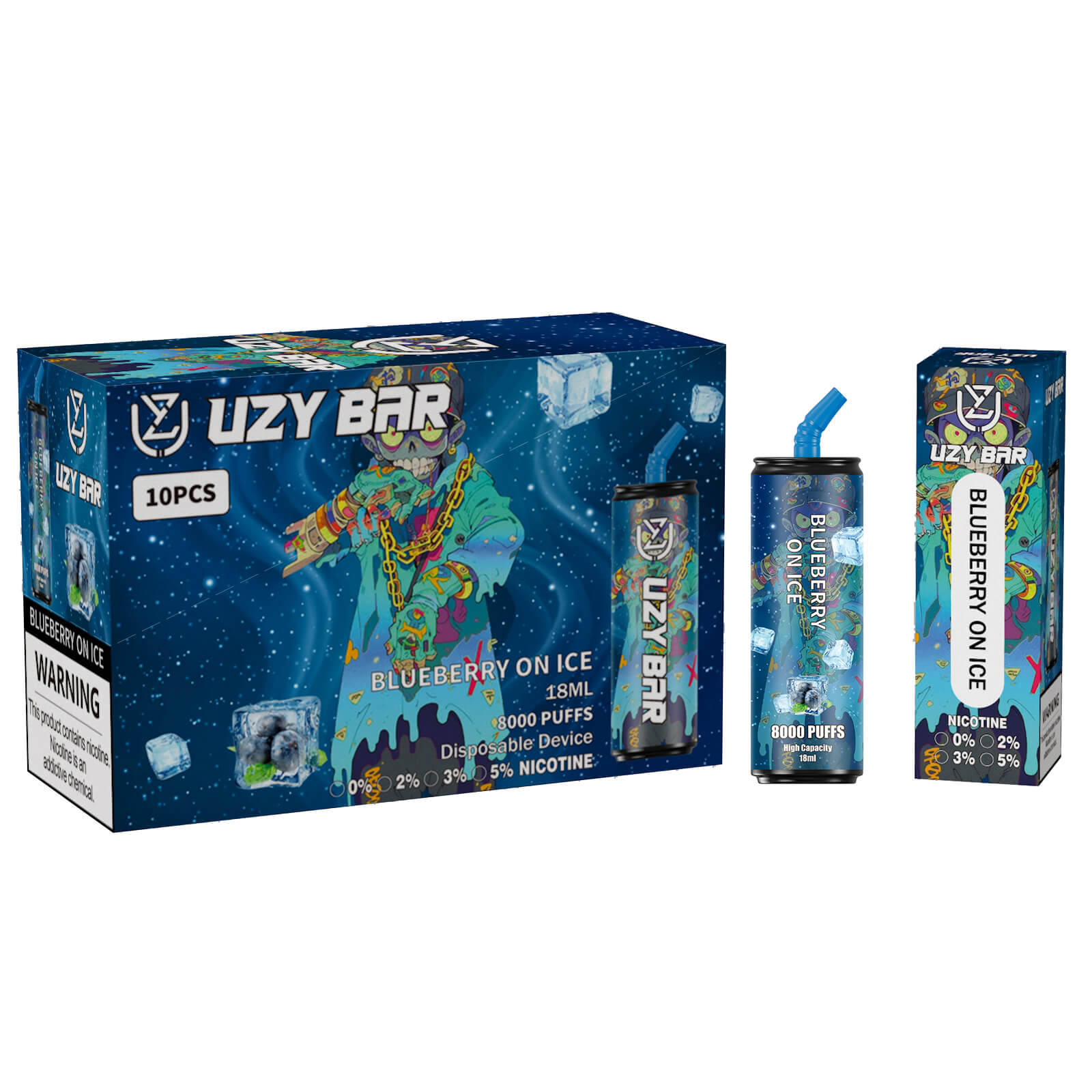 Packaging and product display of UZY BAR Blueberry On Ice disposable vape, featuring 8000 puffs, 18ml capacity, and nicotine level options of 0%, 2%, 3%, and 5%.
