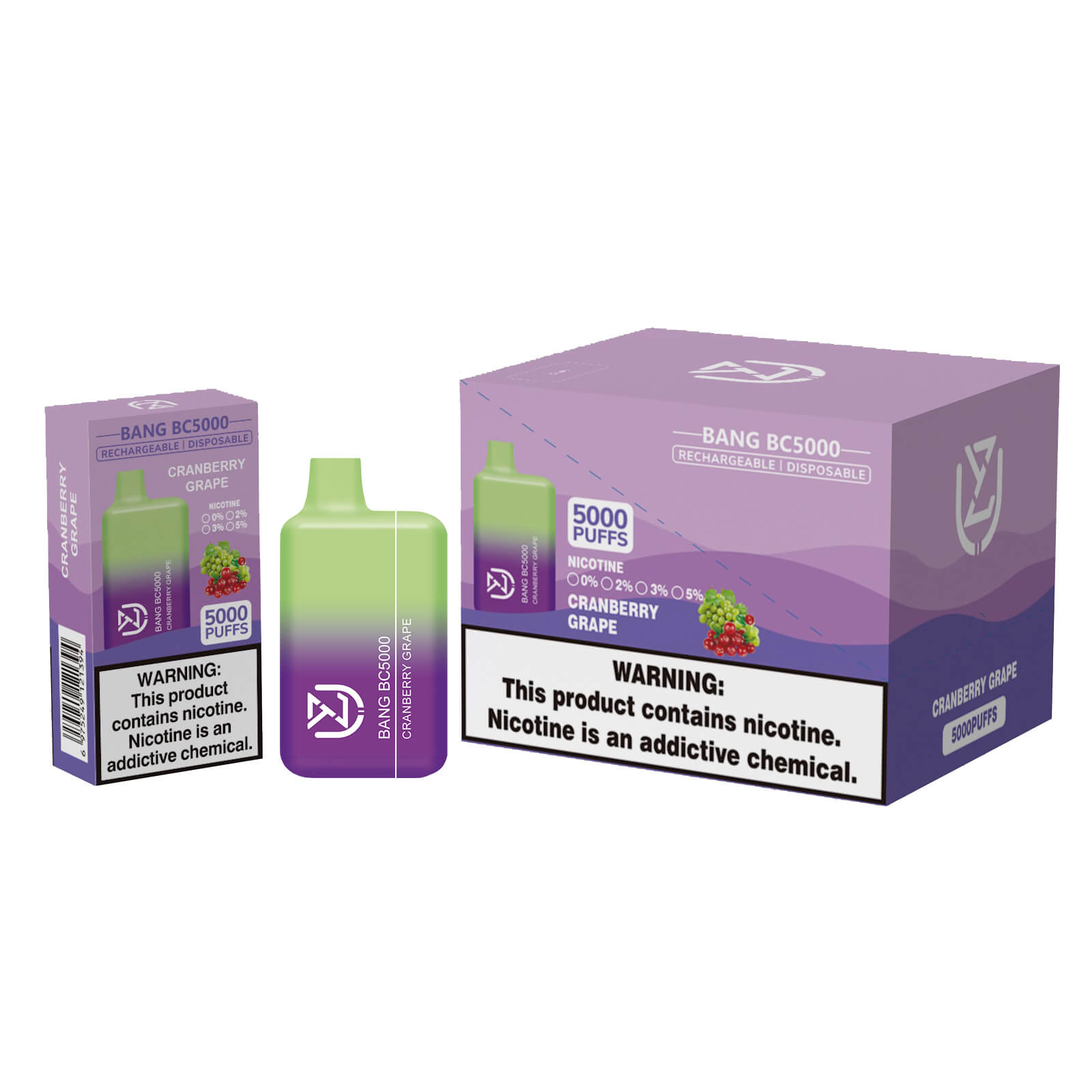 Bang BC5000 rechargeable disposable vape packaging in green and purple with cranberry grape flavor branding, featuring 5000 puffs, nicotine options, and a nicotine warning label.