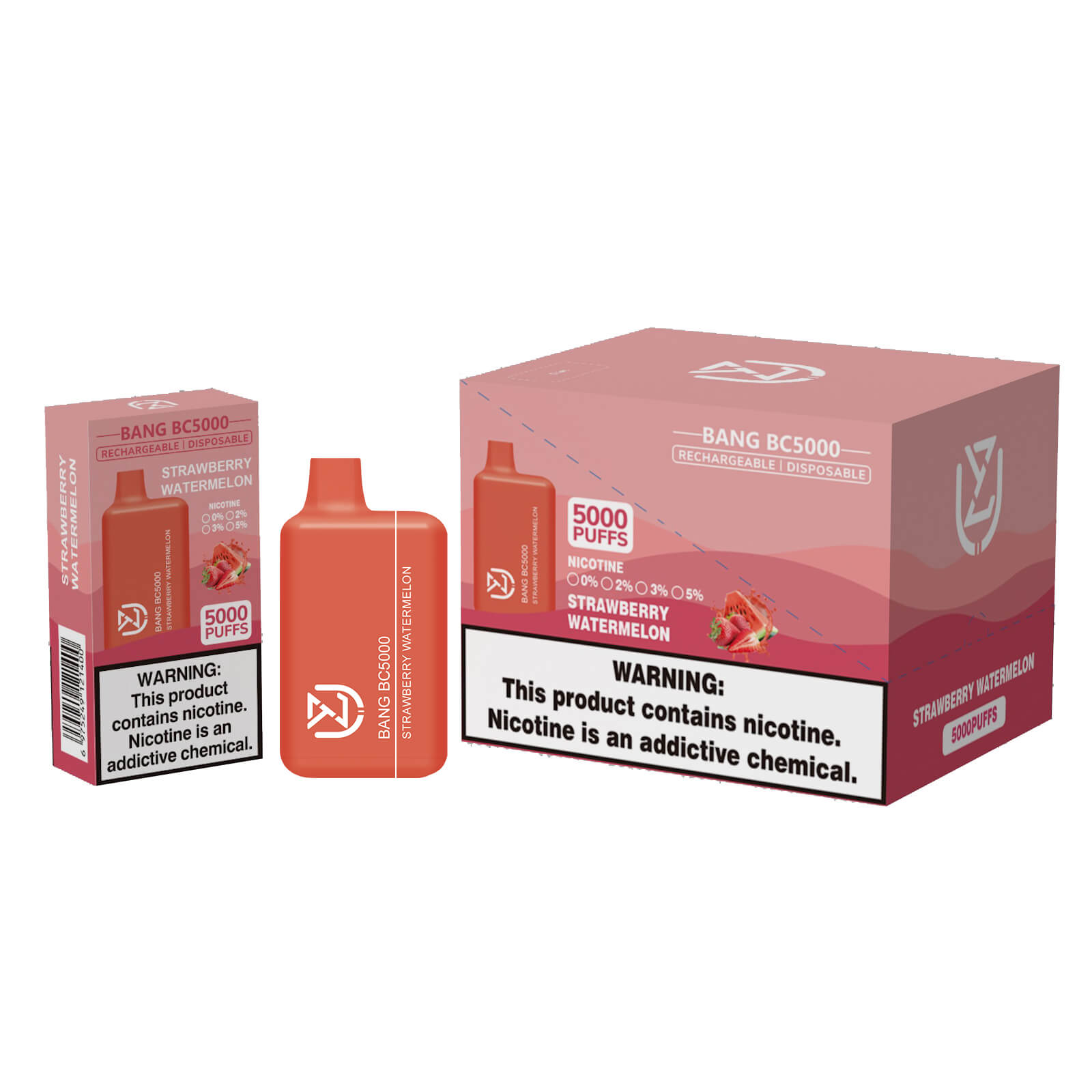 Red Bang BC5000 disposable vape device and packaging for Strawberry Watermelon flavor, labeled with "5000 puffs" and nicotine strength options, featuring a nicotine addiction warning.