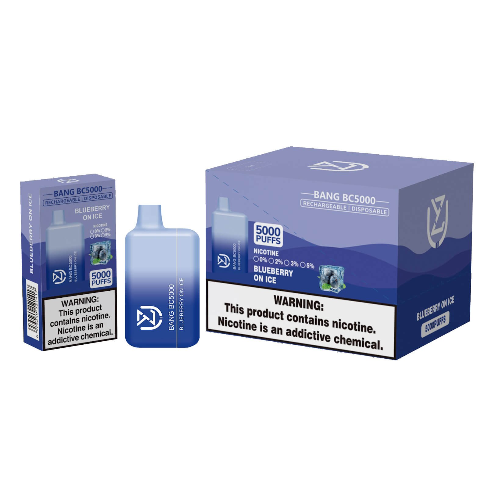 A blue BANG BC5000 vape product featuring "5000 puffs" with blueberry on ice flavor packaging, including a box, individual carton, and vape device.