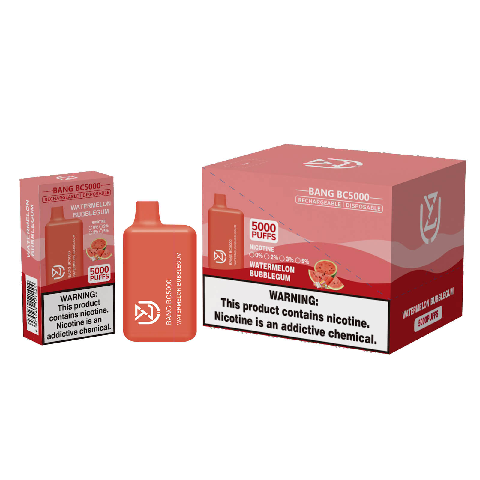 Packaging and device of the Bang BC5000 Watermelon Bubblegum disposable vape, featuring a red design, 5000 puffs, nicotine options, and a prominent warning label about nicotine content.