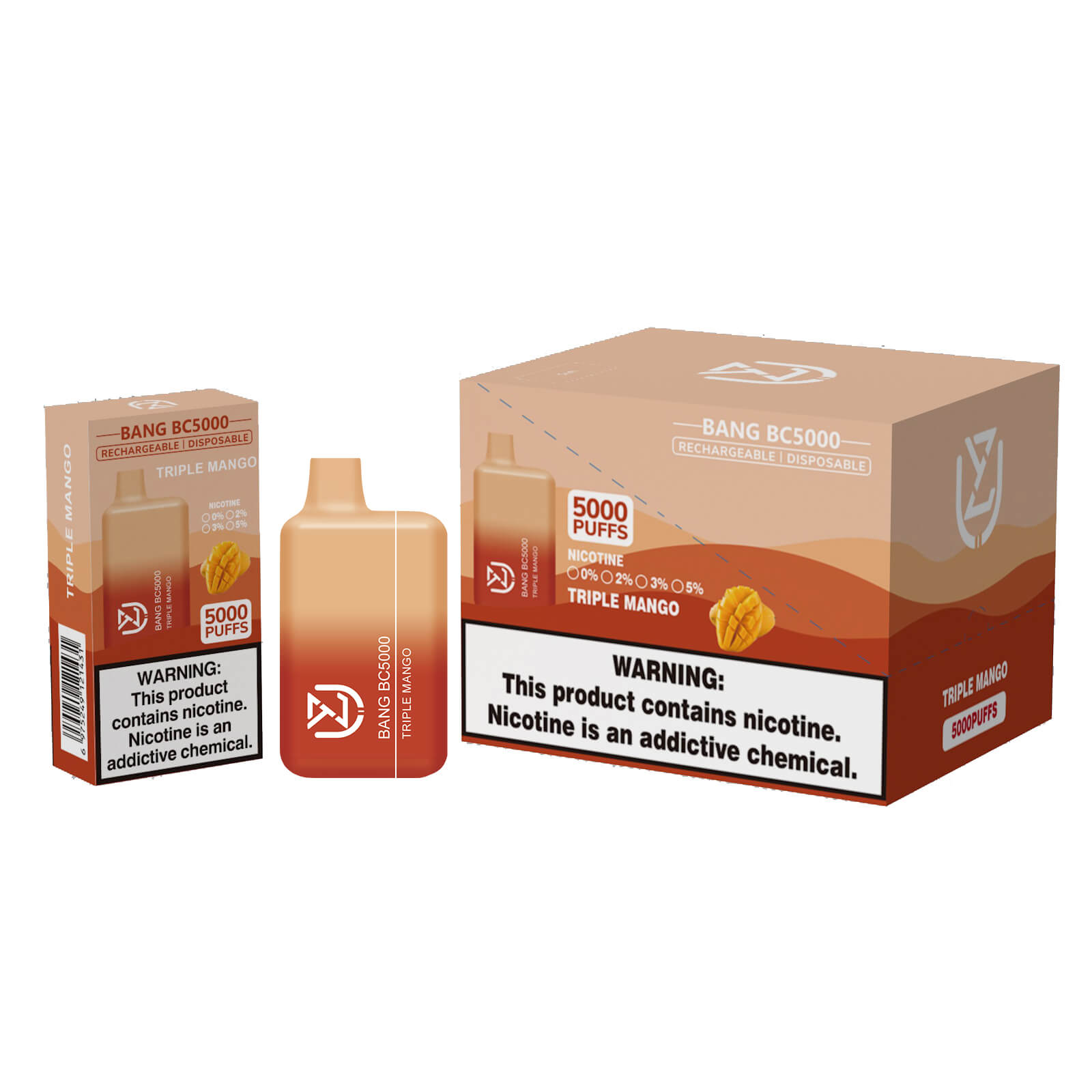 Packaging of Bang BC5000 rechargeable disposable vape in Triple Mango flavor, featuring a device, a single box, and a larger carton, all labeled with "5000 puffs" and nicotine warnings.