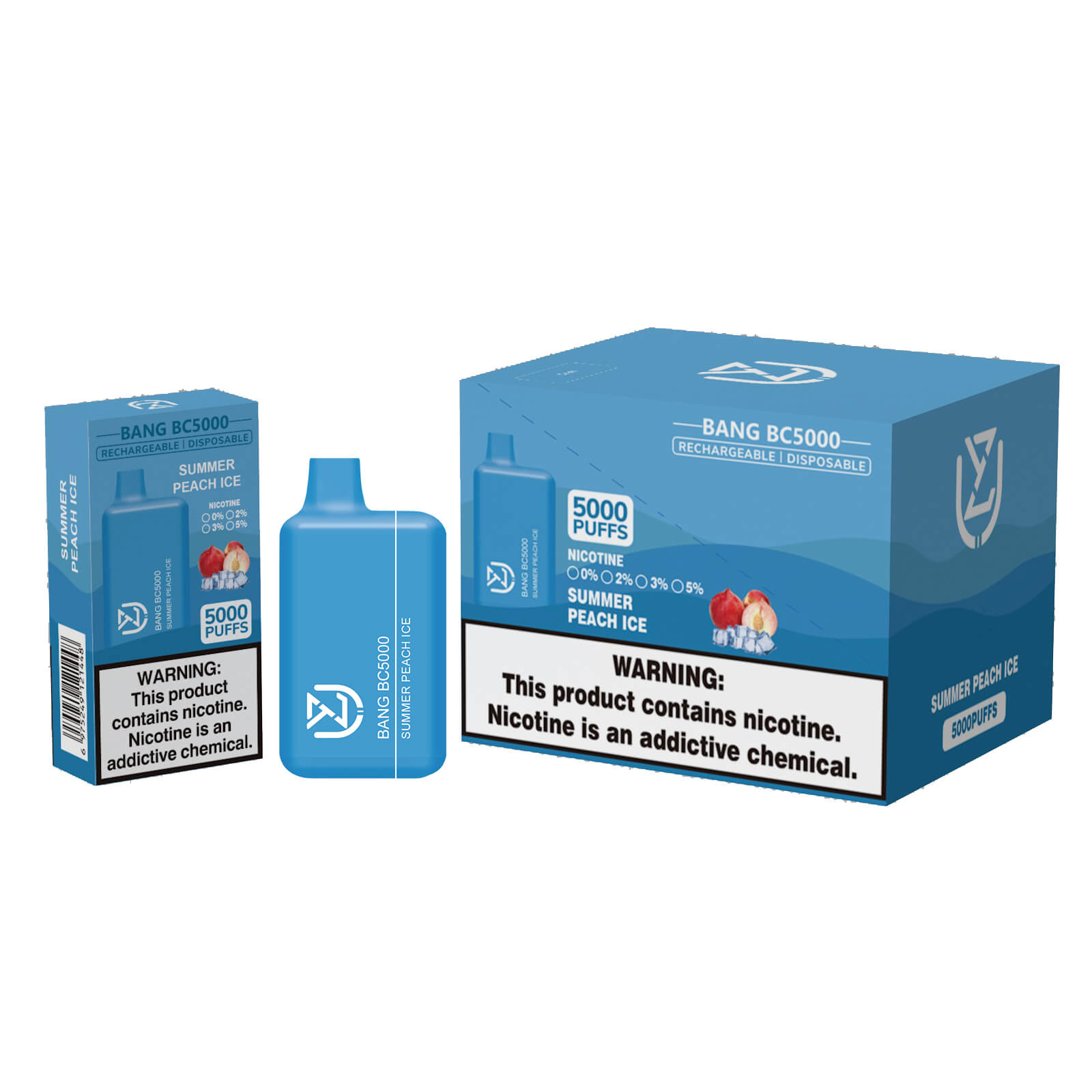 Blue Bang BC5000 vape device and packaging featuring summer peach ice flavor, labeled "5000 puffs" with nicotine warning.