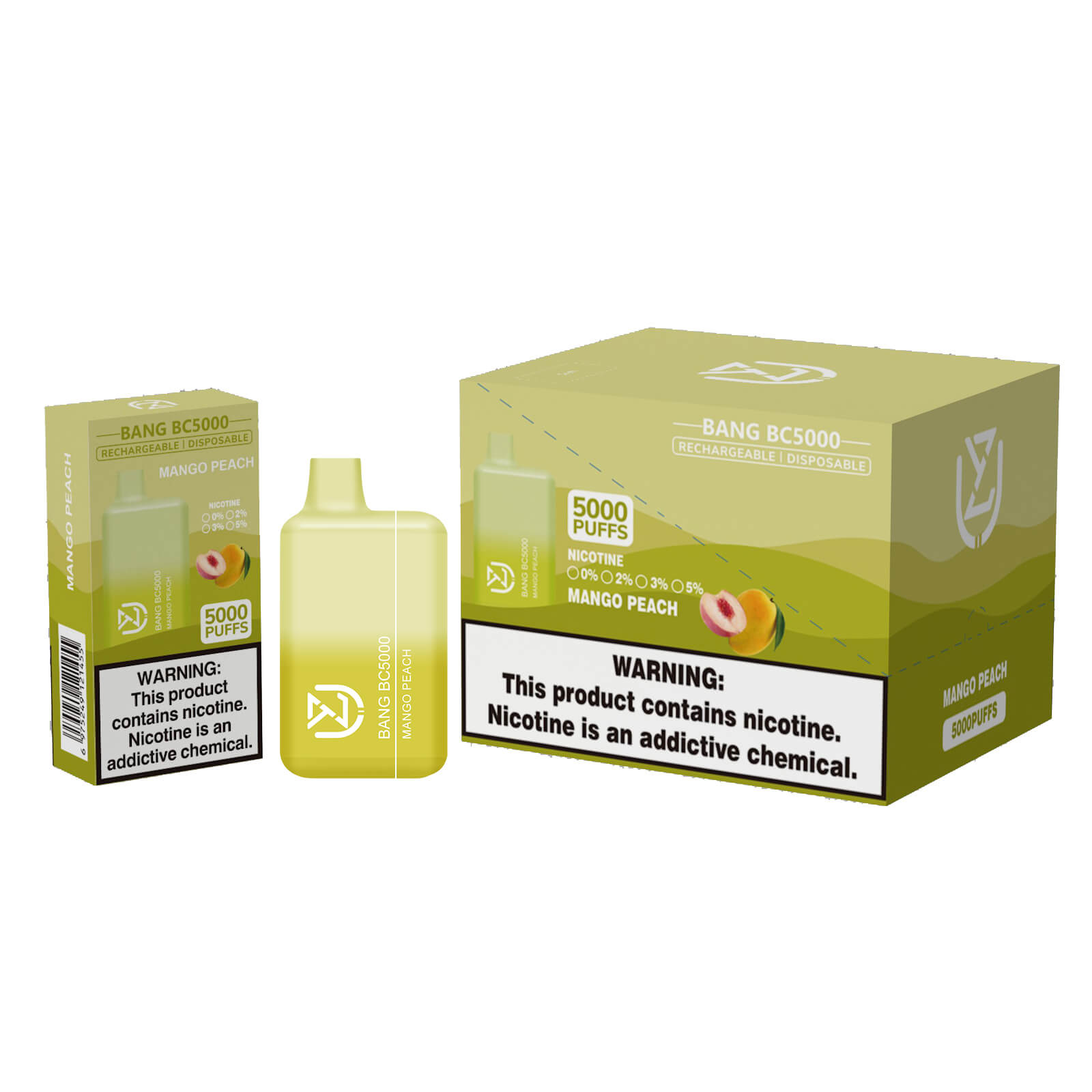 Packaging design for Bang BC5000 rechargeable disposable vape featuring a mango peach flavor, 5000 puffs capacity, nicotine strength options, and a prominent nicotine warning label.