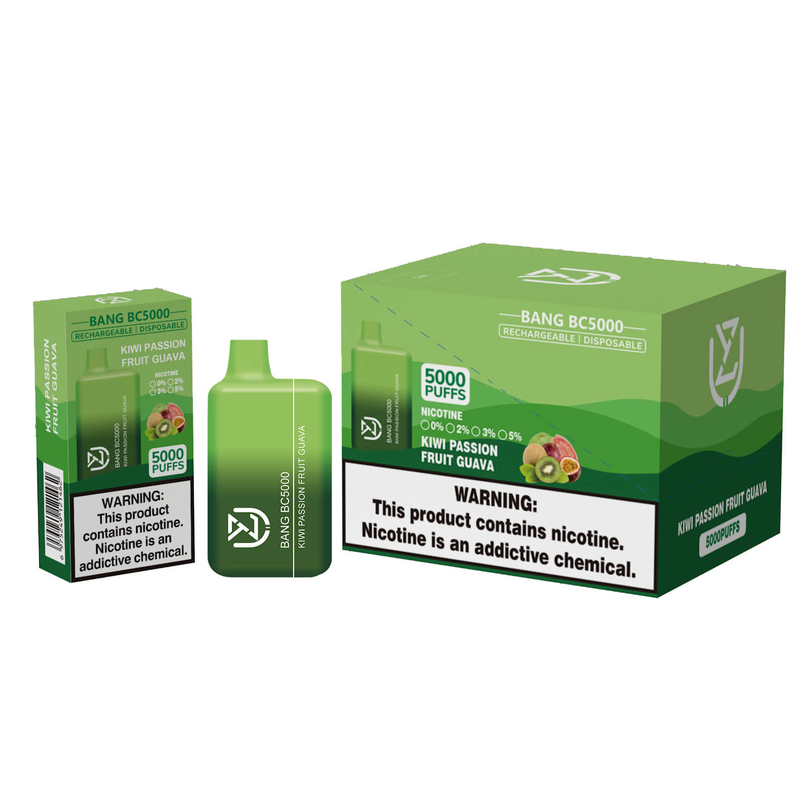Green packaging of Bang BC5000 rechargeable disposable vape with Kiwi Passion Fruit Guava flavor, featuring 5000 puffs and nicotine options, alongside a prominent nicotine warning label.