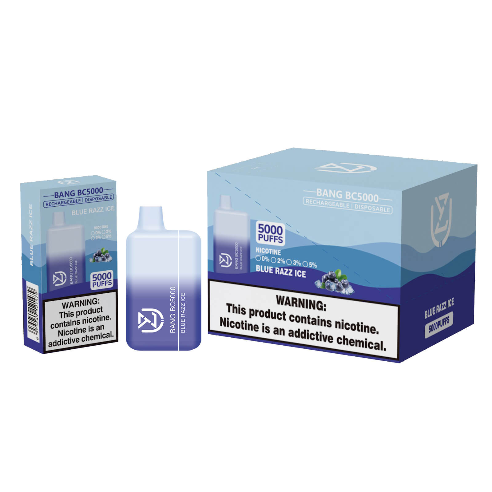Packaging design for "Bang BC5000" Blue Razz Ice vape product, featuring a blue box, smaller packaging, and a gradient blue disposable vape device with 5000 puffs and nicotine warnings displayed.