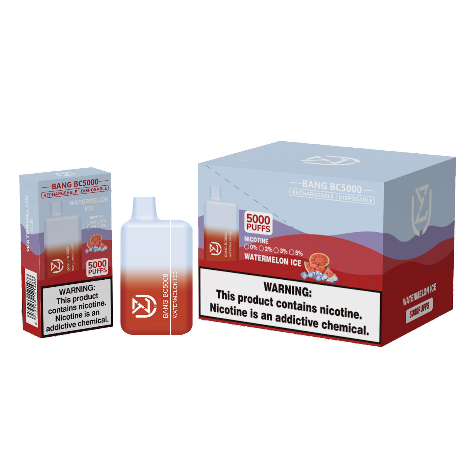Packaging and product image of Bang BC5000 Rechargeable Disposable Watermelon Ice vape, featuring 5000 puffs, with nicotine warning labels.
